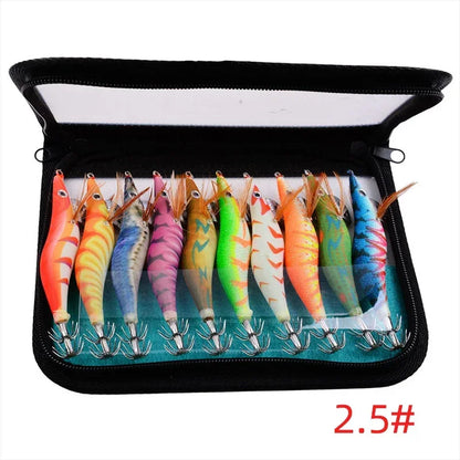 10pcs Squid Hook Set, Luminous Wood Shrimp Squid Hook Set 2.5/3.0/3.5 Number Cloth Shrimp Set Wood Shrimp Squid Hook