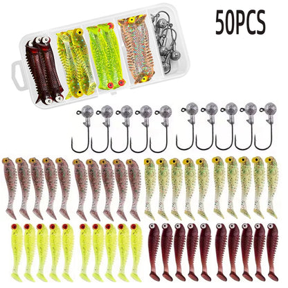 50pcs/lot Soft Lure Kit Soft Fishing Lure 5cm 5g Jig Head Hook With Fishing Tackle Box Pesca